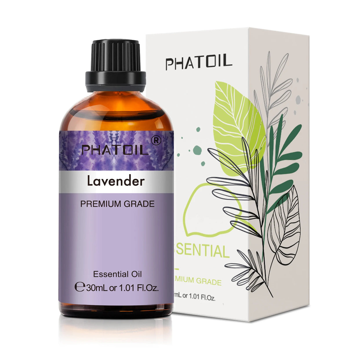Phatoil lavender essential oil bottle and packaging on a white background