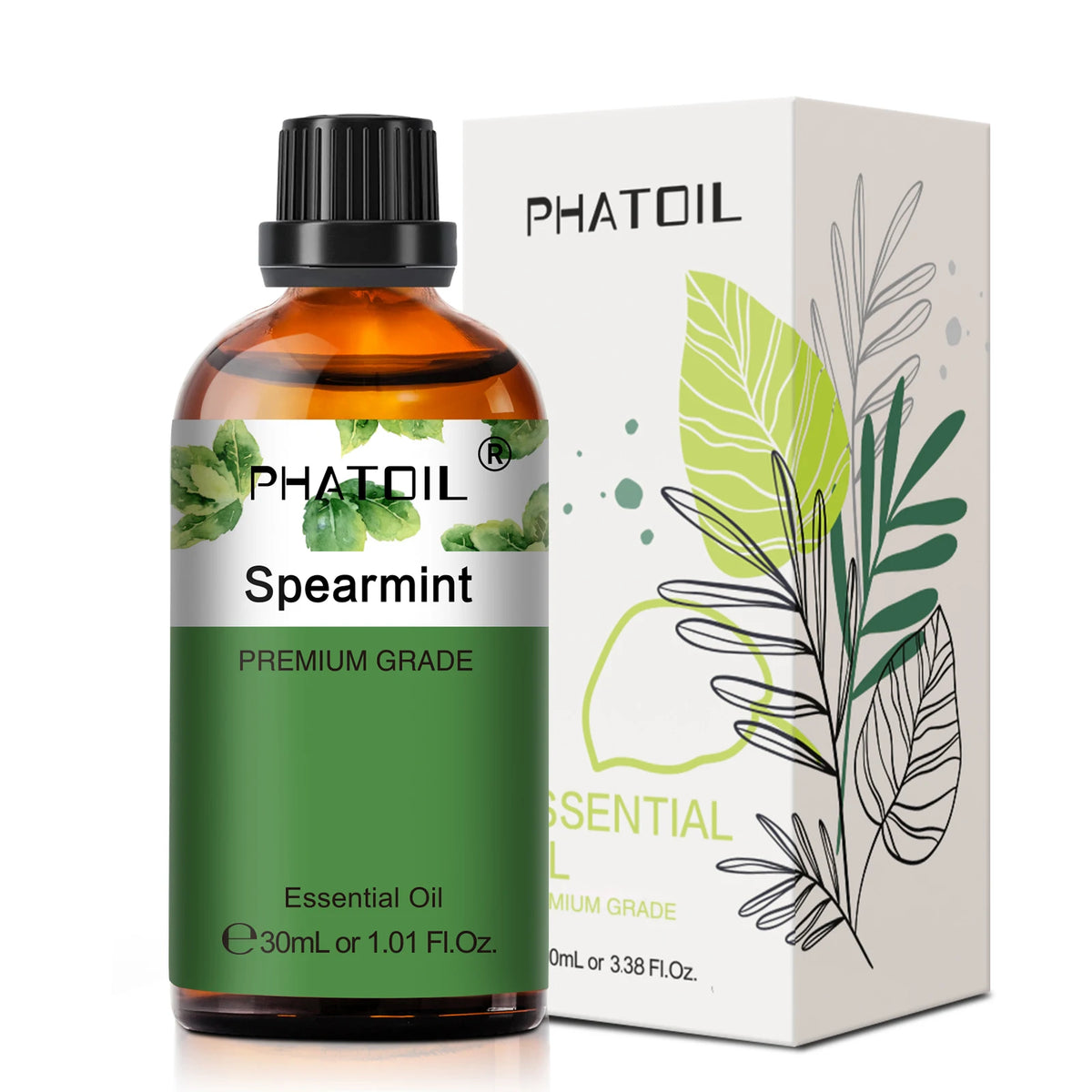 Spearmint essential oil bottle and packaging with 'PHATOIL' branding on a white background.