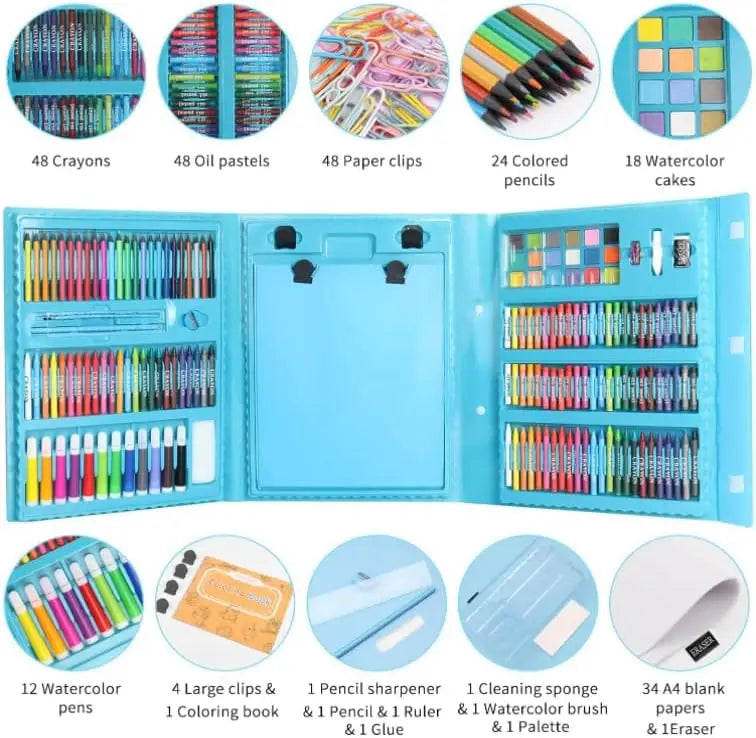 208-Piece Art Kit with Trifold Easel — Pastels, Crayons, Pencils & Watercolors
