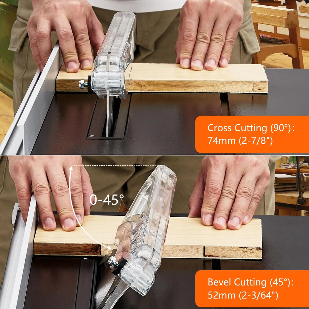 A two-panel instructional graphic showing a table saw guide in use for cross cutting and bevel cutting. The top panel demonstrates cross cutting at 90 degrees with a 74mm depth, and the bottom panel demonstrates bevel cutting at 45 degrees with a 52mm depth.