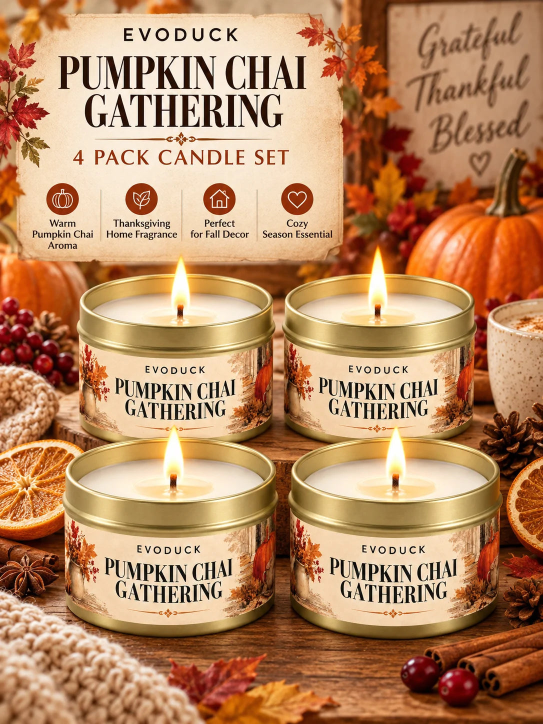 4Pcs Orange Loaf Welcome Scented Candles Set 3oz Gold Tin Jar Thanksgiving Warm Autumn Room Decor Gift for Mom Wife Teacher Her