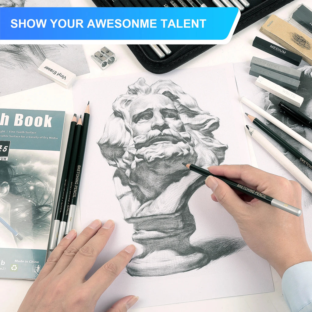 Sketching & Drawing Set with Graphite, Charcoal & Blending Tools