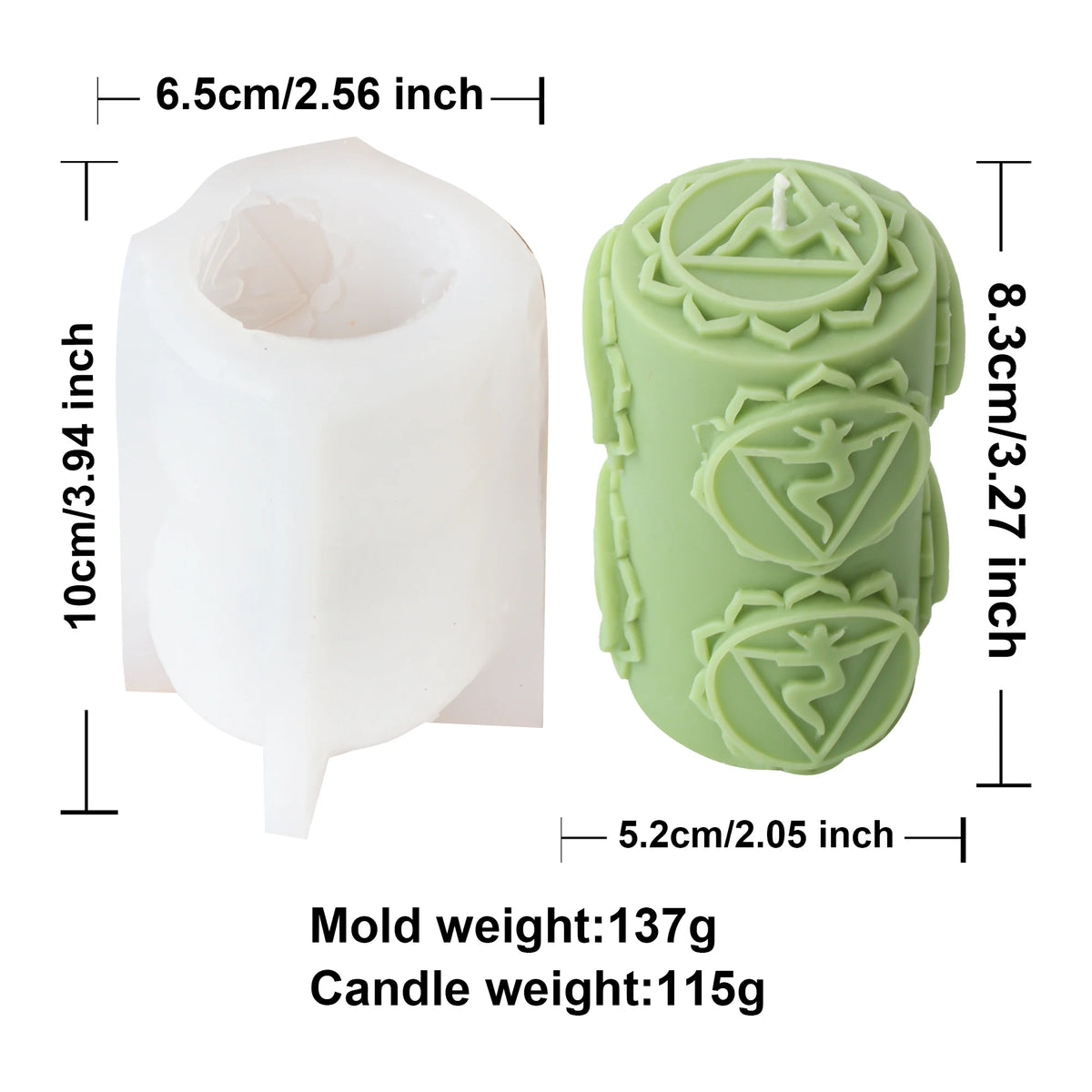 Green inverted-triangle symbol pillar mold and example candle diagram with separate dimensions and weights