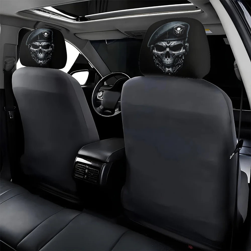 2pcs, Mechanical Skull Print Car Headrest Covers,  Elastic Design, 3D Realistic Printing,