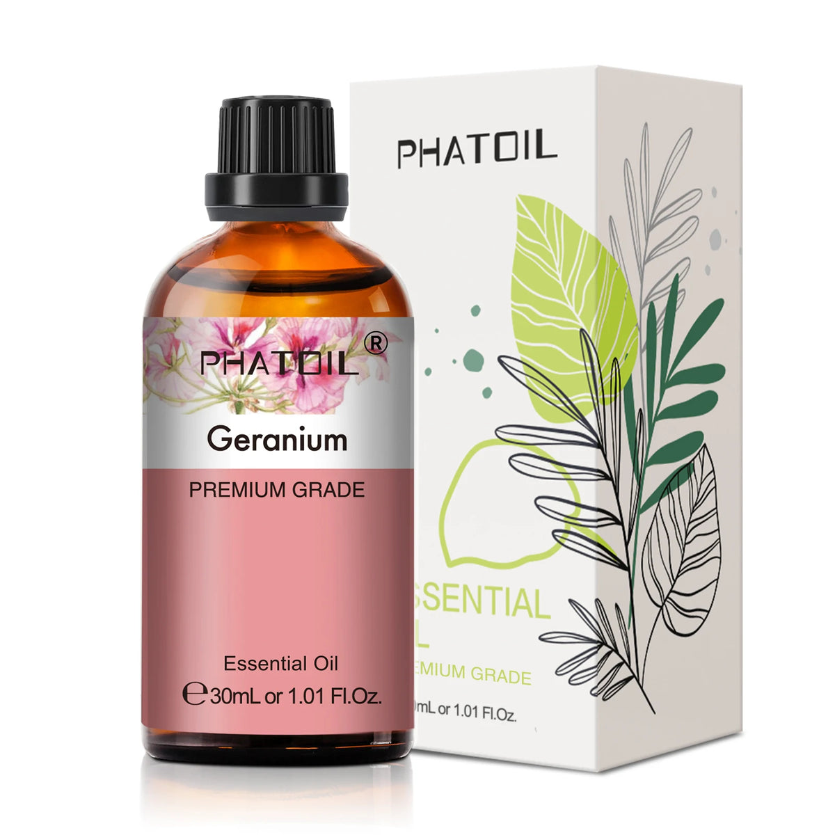 Phatoil Geranium essential oil bottle and packaging on a white background