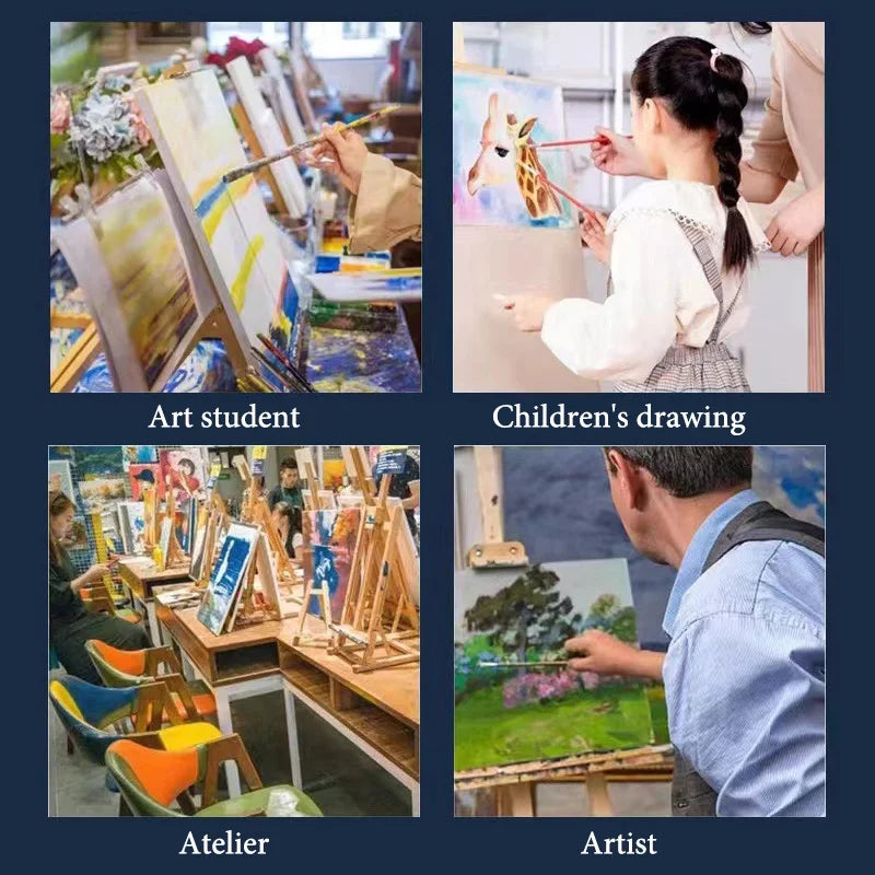 Collage of people painting, including an art student, children's drawing, atelier, and artist.