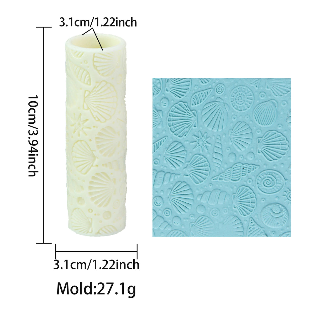 Seashell roller diagram showing 3.94 in length, 1.22 in diameter and 0.96 oz tool weight