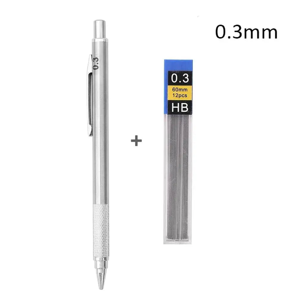 Metal Mechanical Pencil, Anti-Slip Grip — 0.3 to 2.0mm + Lead Refills