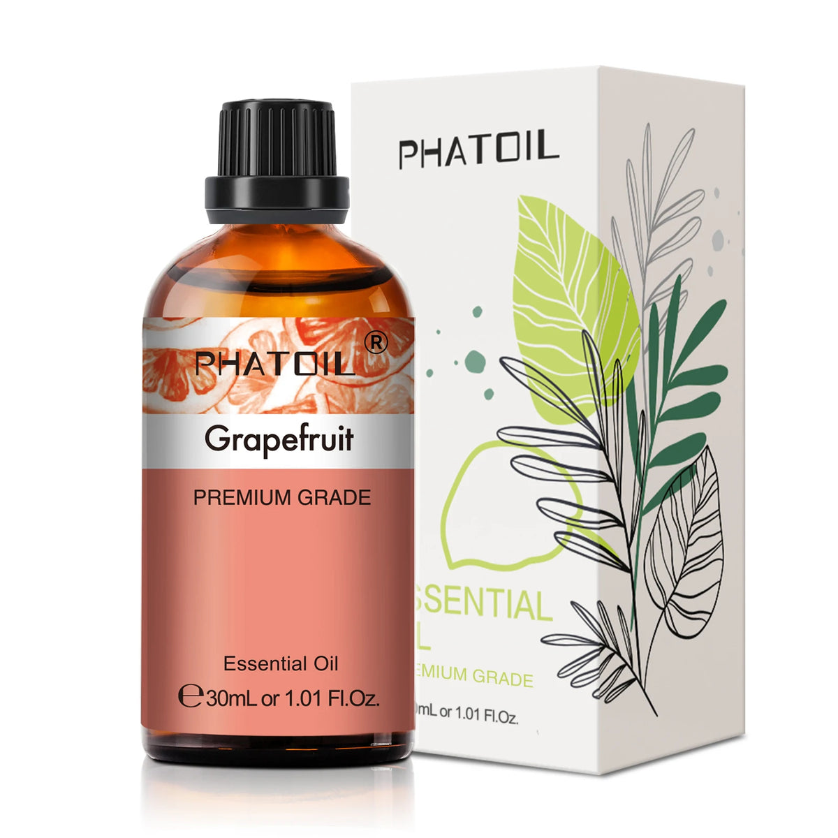 Grapefruit essential oil bottle and packaging with 'PHATOIL' branding on a white background.