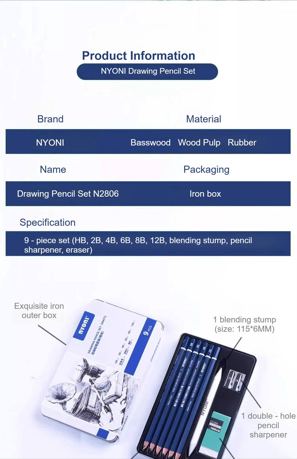 NYONI Matte Sketch Pencil Set — Iron Case, Eraser & Blending Stump Included