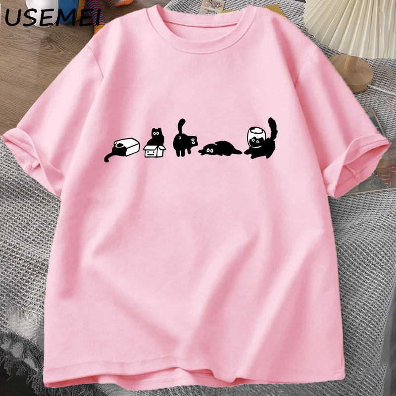 T-Shirt Five Mood Cats Funny Black Cat Graphic Cotton Short Sleeve Oversized