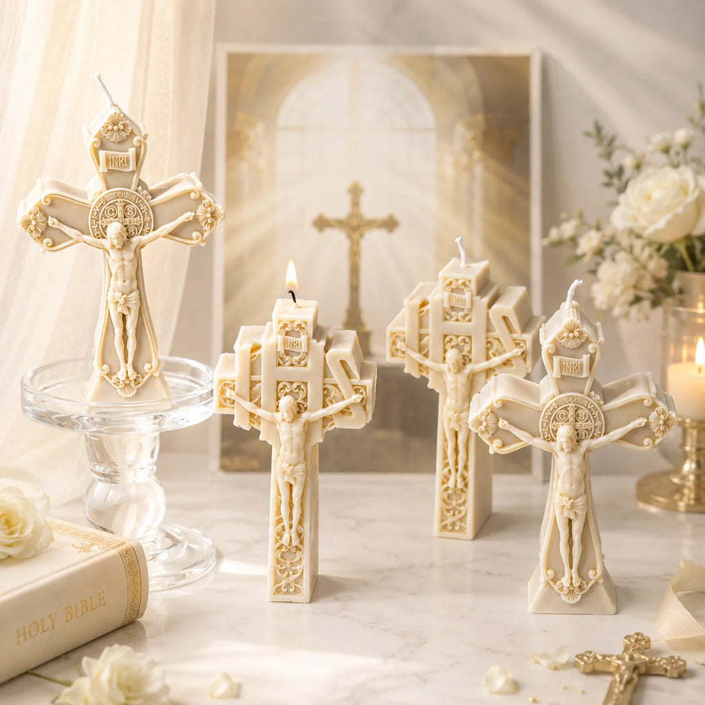 Four ivory crucifix example candles in two ornate designs arranged at different heights