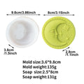 Crescent-moon face mold and green soap casting diagram with separate tool and casting measurements