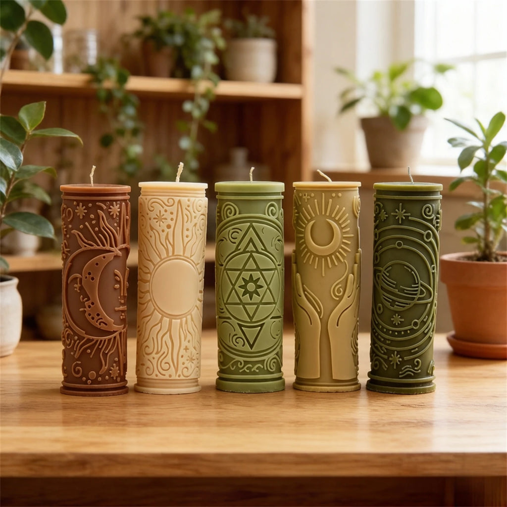 3D Relief Sun Moon Star Pillar Candle Mold Silicone Astrology Witchcraft Candle Making Mould for DIY Soy Wax Candles Home Decor