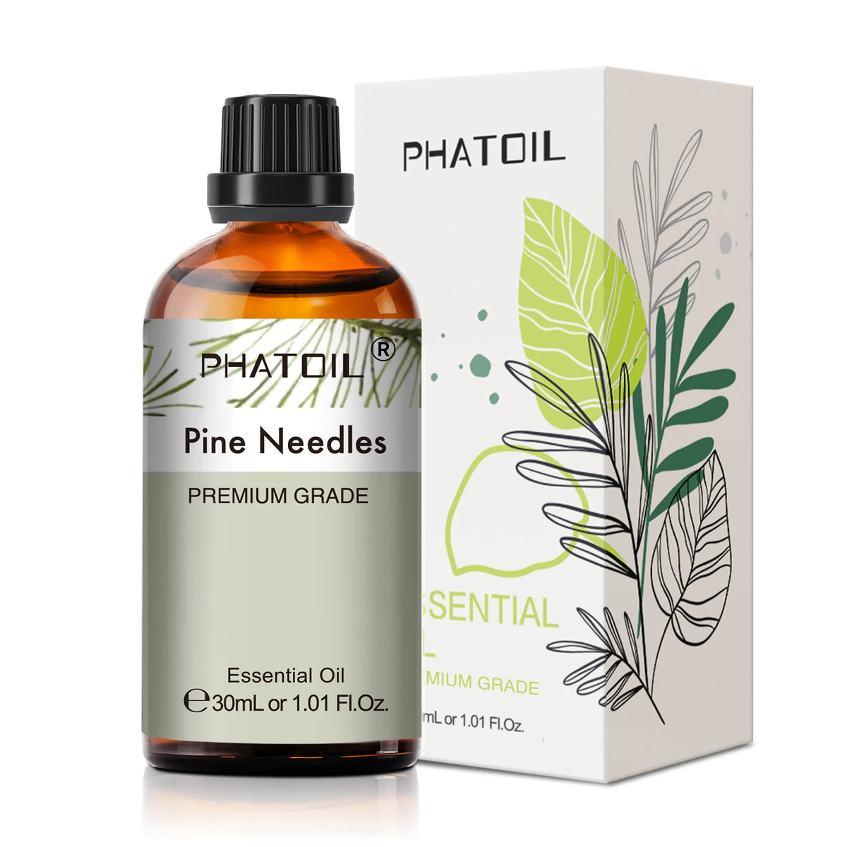 Phatoil Pine Needles essential oil bottle and packaging on a white background