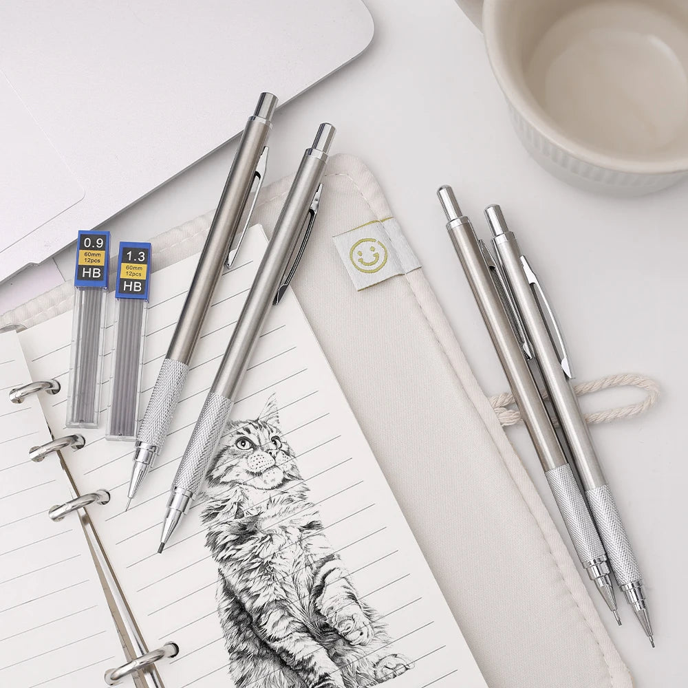 Metal Mechanical Pencil, Anti-Slip Grip — 0.3 to 2.0mm + Lead Refills