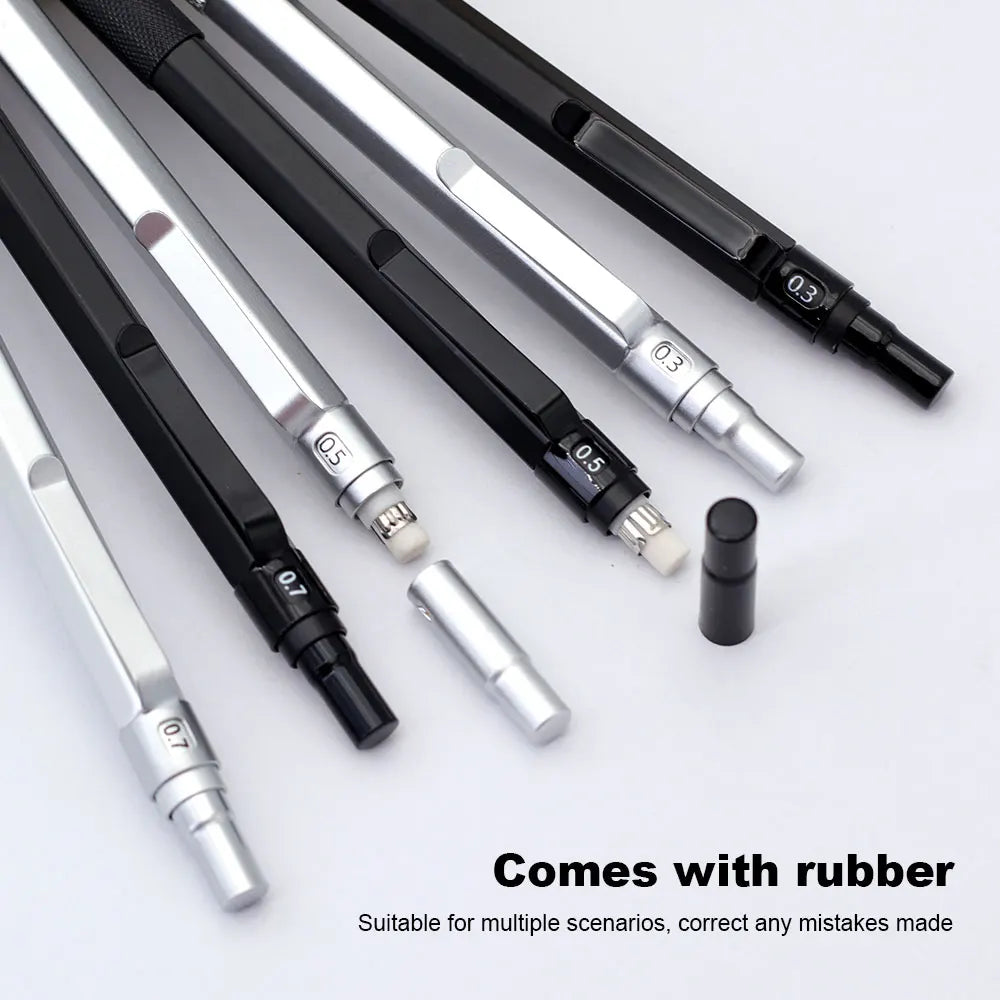 5-Piece Metal Mechanical Pencil Set — 0.5 to 2.0mm, Black or Silver