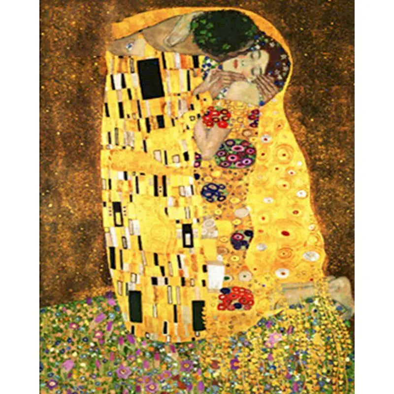Artistic depiction of 'The Kiss' by Gustav Klimt with floral details.