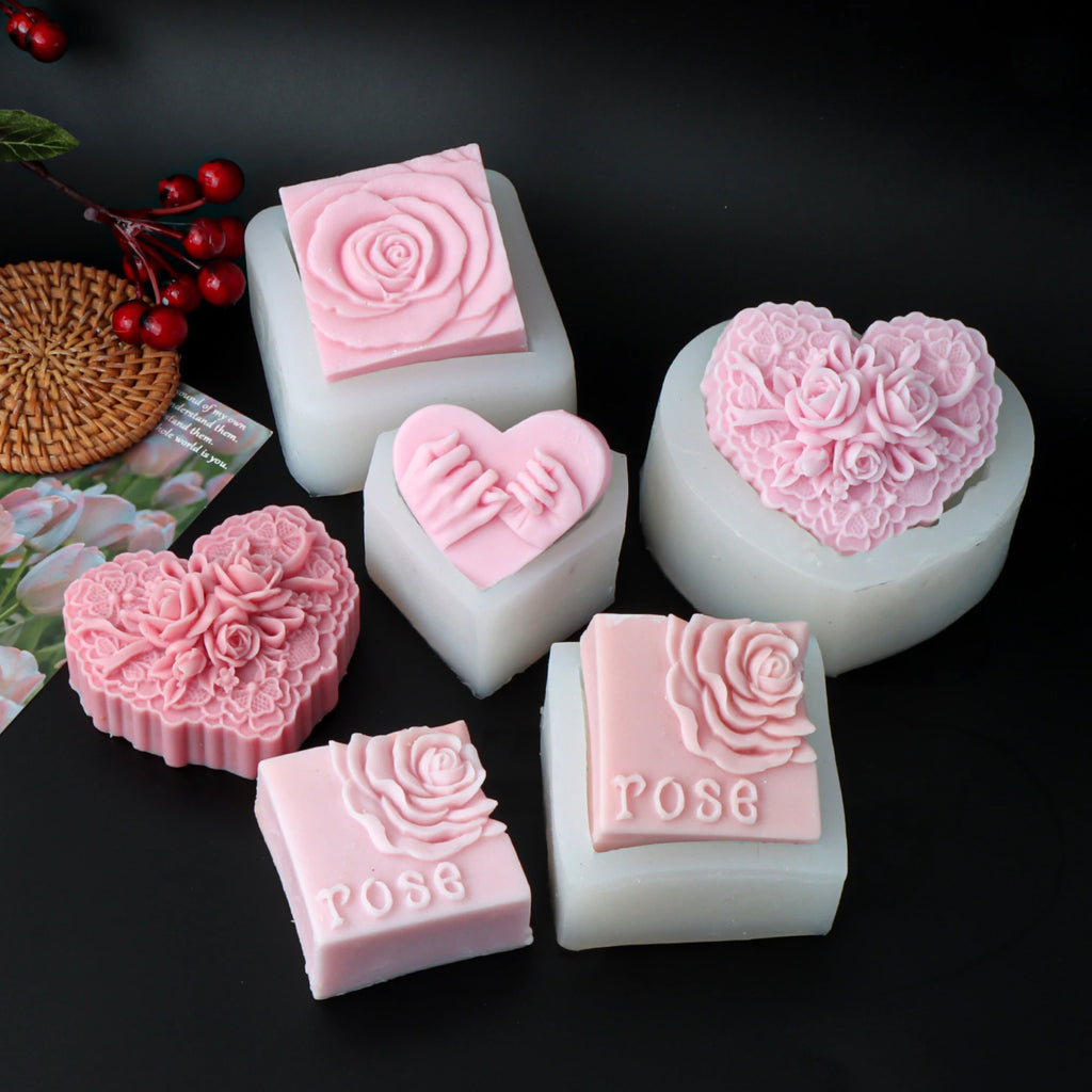 Rose-square, floral-heart and pinky-promise casting examples displayed with silicone molds