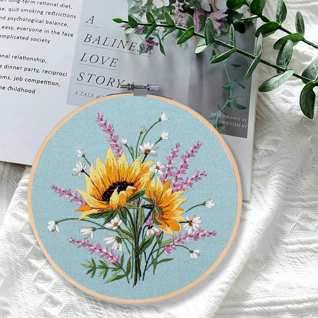 Embroidery Kit, Flower Designs with Hoop for Handmade Cross-Stitch Crafts
