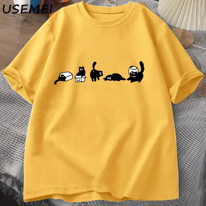 T-Shirt Five Mood Cats Funny Black Cat Graphic Cotton Short Sleeve Oversized