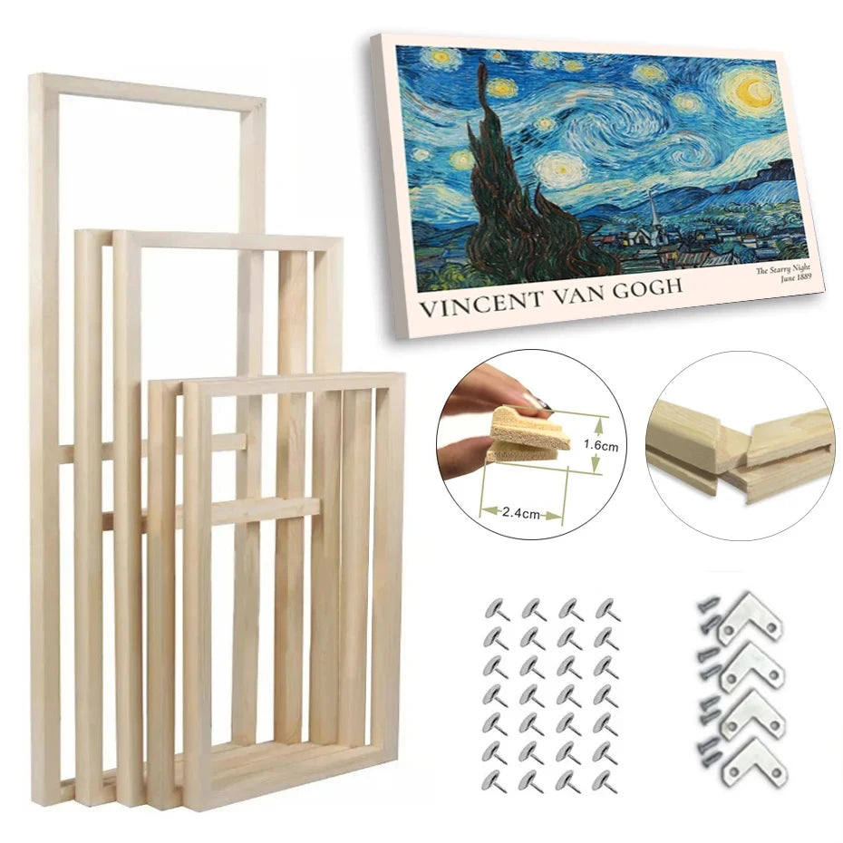 Set of wooden picture frame stretcher bars   with Van Gogh's 'Starry Night' poster and additional components.
