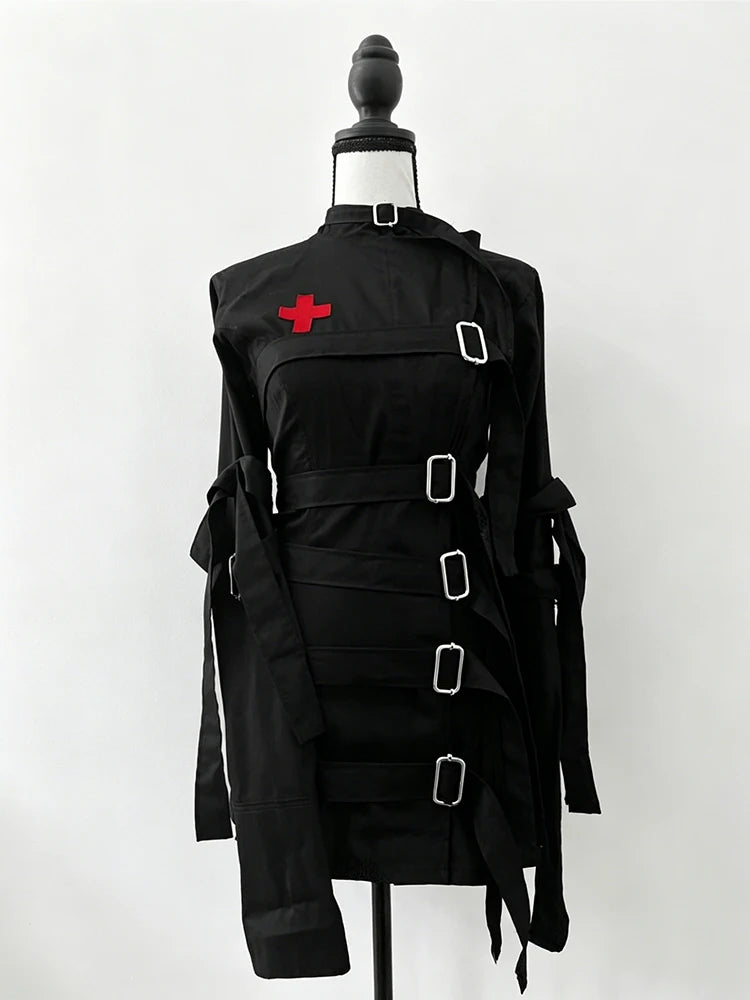 Jacket Women's Gothic Punk Lace-Up Buckle Strap Red Cross Y2K Harajuku Grunge