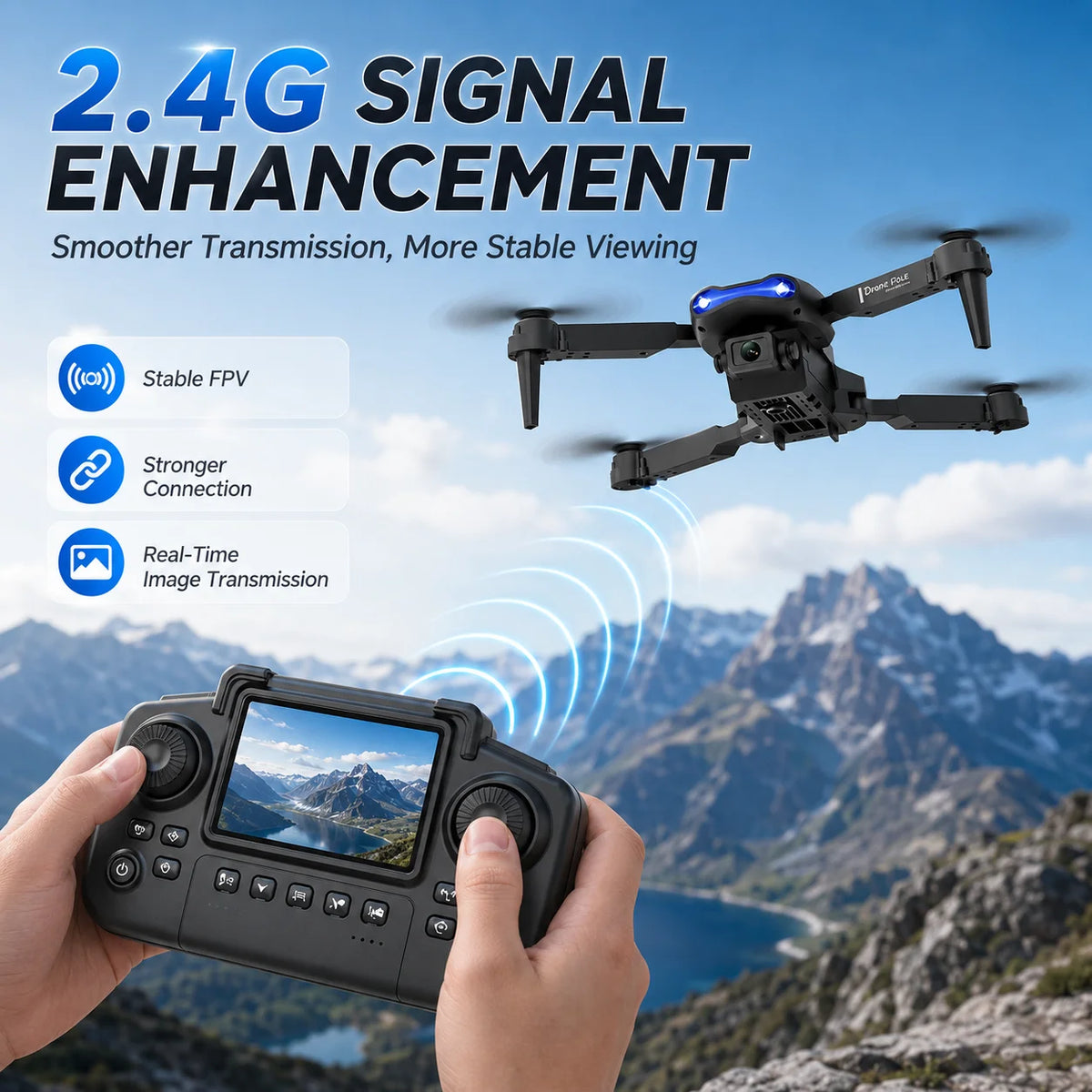 A black quadcopter drone flying over a mountain landscape, with a person holding a black remote control in the foreground. The image includes marketing text reading '2.