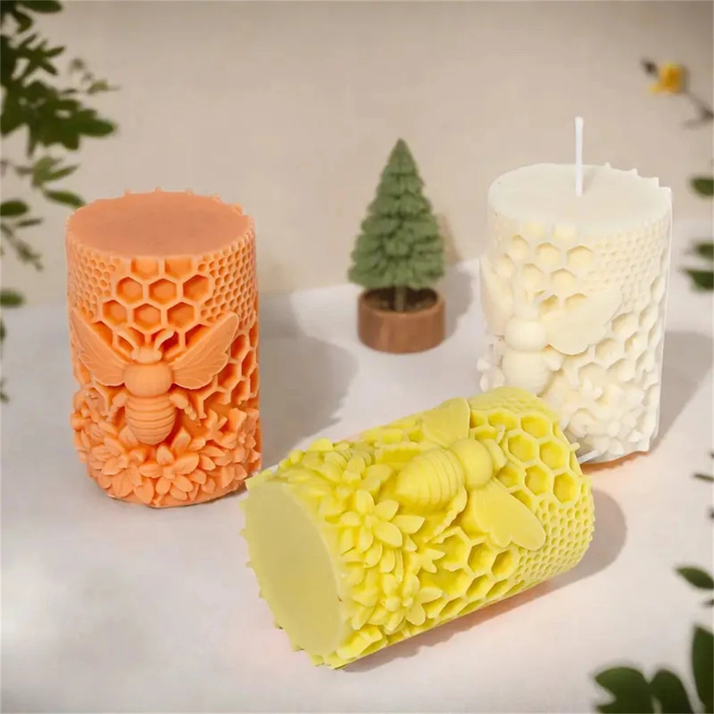 3D Honeycomb Pillar Candle Silicone Mold DIY Embossed Bee and Flower Honeycomb Cylinder Aromatherapy Candle Plaster Mold Decor