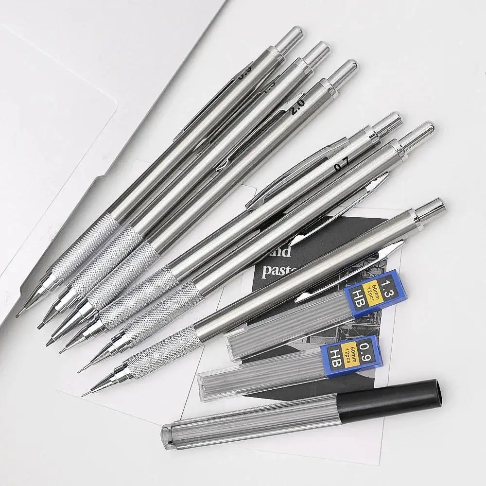 Metal Mechanical Pencil, Anti-Slip Grip — 0.3 to 2.0mm + Lead Refills