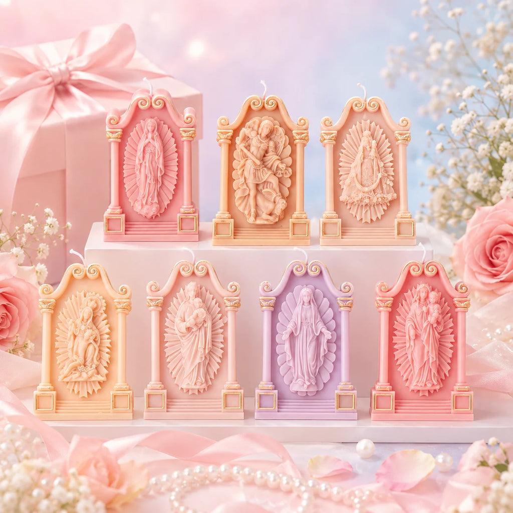 Seven pastel shrine casting examples with scroll tops, columns and different central figures