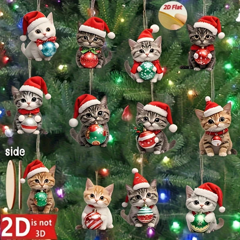 A set of 12 cute cartoon kitten Christmas ornaments wearing red Santa hats and holding colorful ornaments, displayed hanging on a decorated Christmas tree. The image includes text overlays showing '2D Flat', 'side', and '2D is not 3D' to explain the product's flexibility.