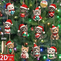 A set of 12 cute cartoon kitten Christmas ornaments wearing red Santa hats and holding colorful ornaments, displayed hanging on a decorated Christmas tree. The image includes text overlays showing '2D Flat', 'side', and '2D is not 3D' to explain the product's flexibility.
