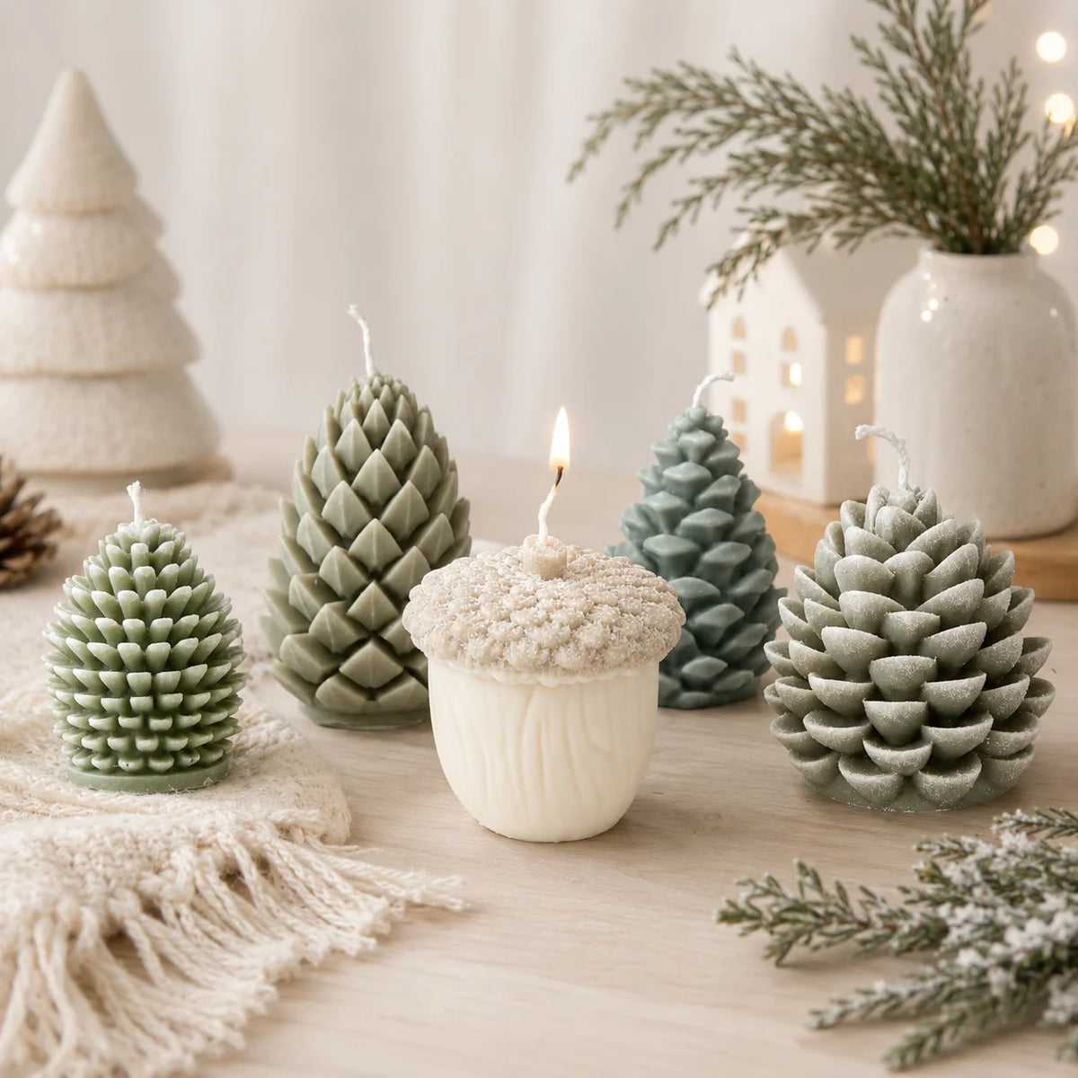 Green pinecone and ivory acorn example candles arranged with winter greenery, with the acorn candle lit