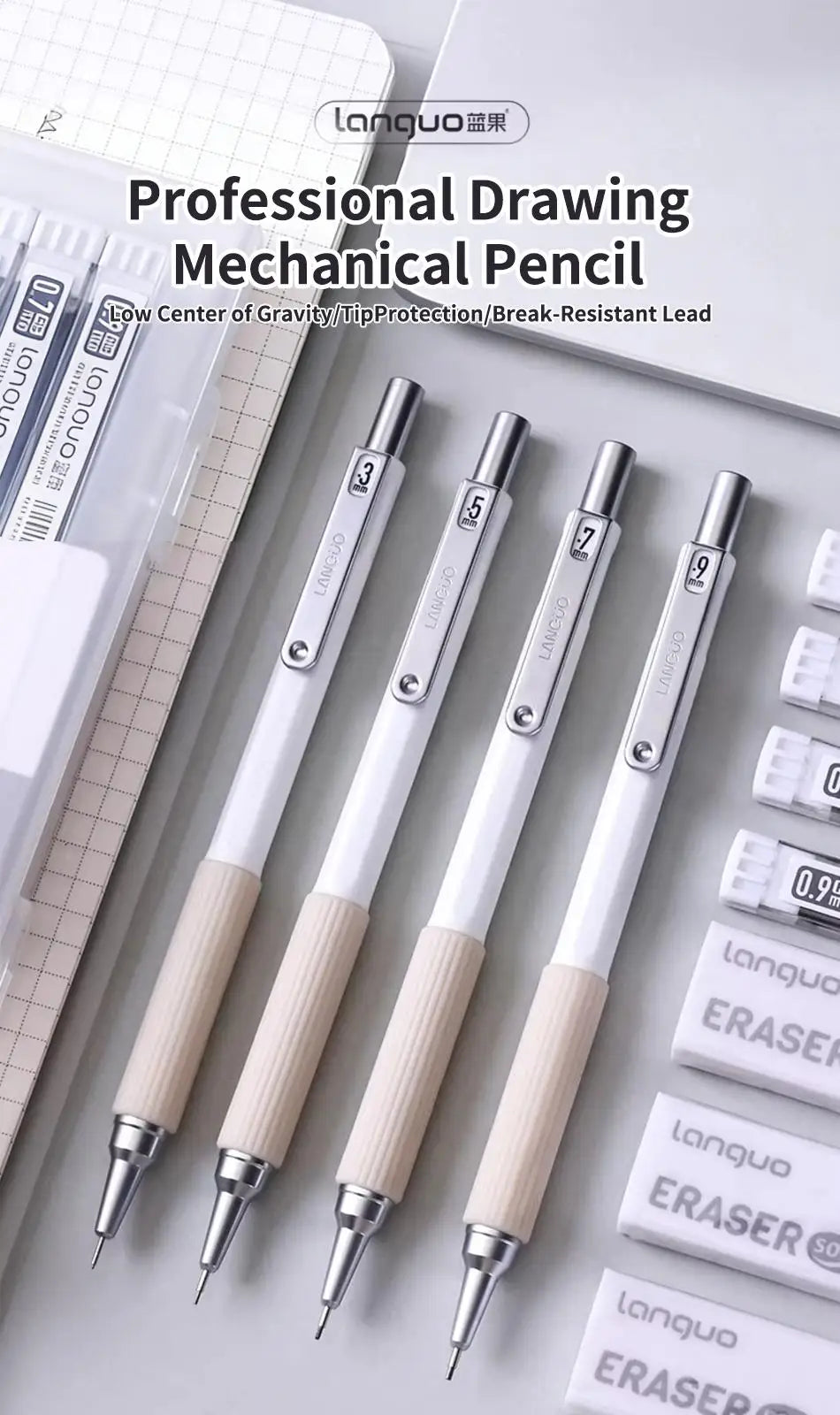 Metal Mechanical Pencil Set, HB — 4 Sizes with 80pc Lead Refills & Case