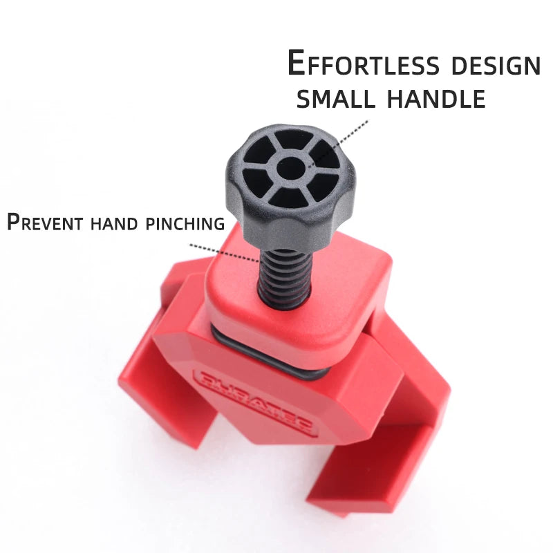 A red and black hand tool with overlaid text callouts reading 'EFFORTLESS DESIGN SMALL HANDLE' and 'PREVENT HAND PINCHING' on a plain white background.