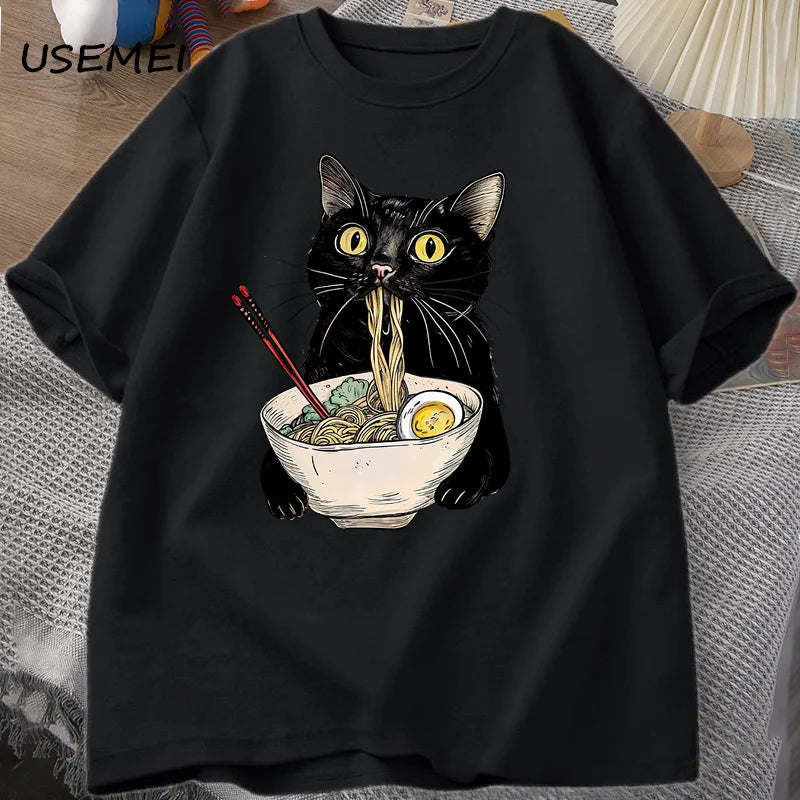 T-Shirt Ramen Cat Graphic Cotton Short Sleeve Funny Black Cat Foodie Tee
