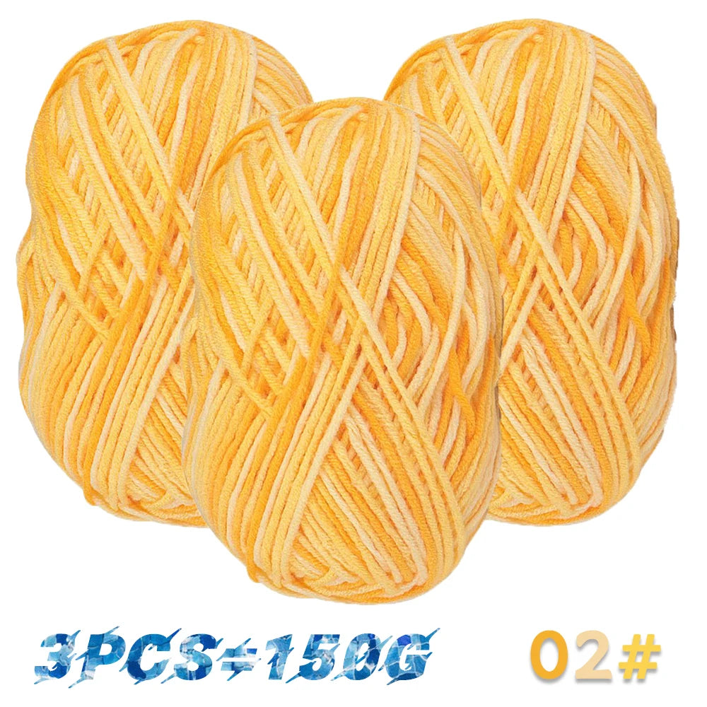 Three yellow yarn skeins labeled color 02 and a total pack weight of 5.3 oz (150 g).