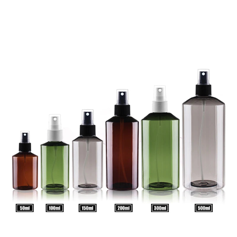 Brown, green and grey spray bottles in six nominal capacities from 1.69 to 16.91 US fl oz (50 to 500 mL)