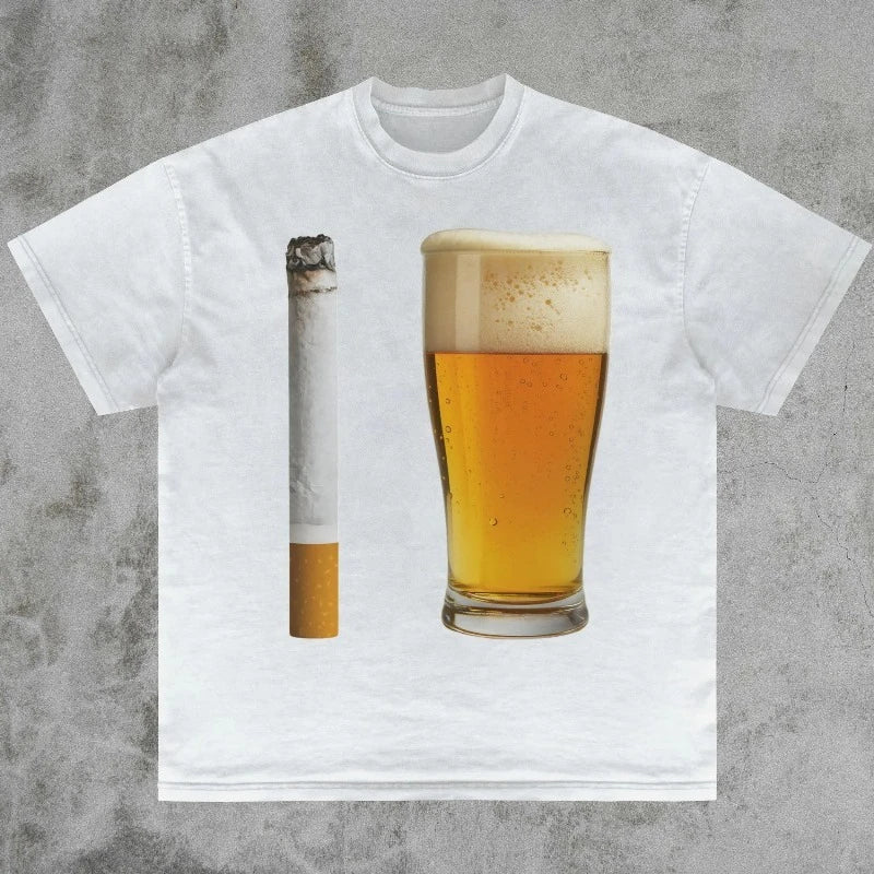 T-Shirt Unisex Beer and Cigarette Funny Offensive Edgy Sarcastic Humor Tee