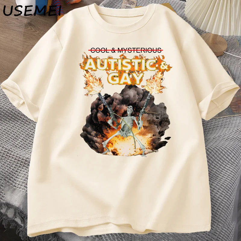 T-Shirt Autistic and Gay Skeleton Meme Graphic Cotton Short Sleeve Unisex Tee
