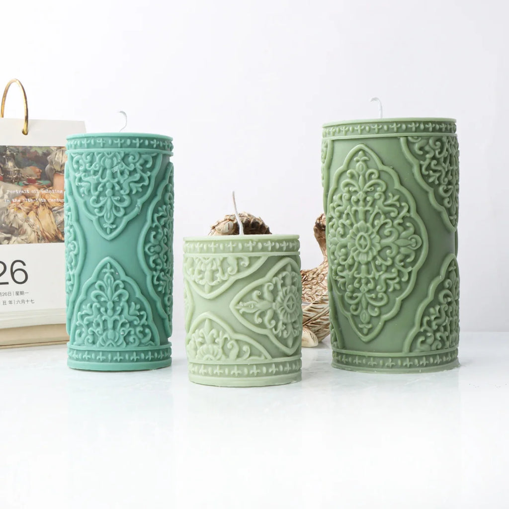 Vintage Floral Totem Cylinder Candle Silicone Mold DIY Creative Embossed Lace Pillar Candle Plaster Making Supplies Mould