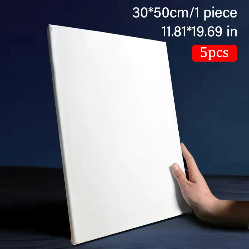 White canvas held by a hand with dimensions and quantity information on a dark background