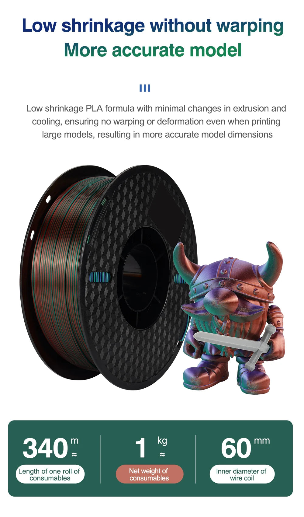 KINGROON Silk Tri-color PLA Filament 3D Printer 1.75mm 1KG/roll  Silk PLA Filament Plastic Material 3D Printing Special Color