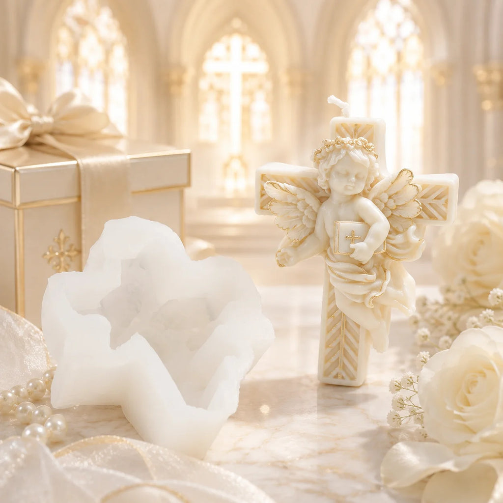 White cross-shaped silicone mold beside an ivory cherub cross example candle