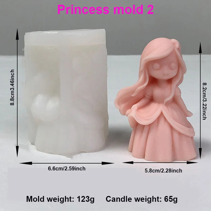 Princess Mold 2 diagram with long-haired doll and separate mold and example casting measurements