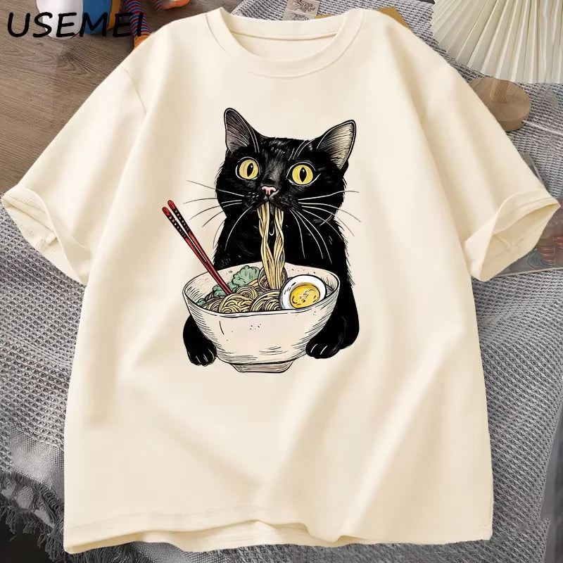 T-Shirt Ramen Cat Graphic Cotton Short Sleeve Funny Black Cat Foodie Tee