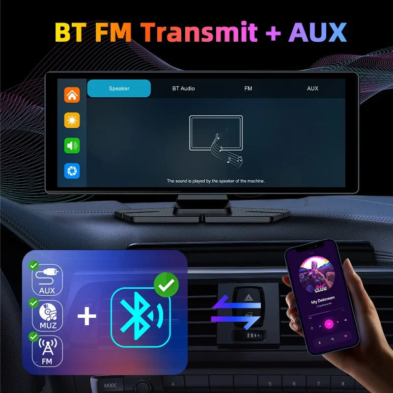 Car dashboard with multimedia system displaying BT FM Transmit + AUX features, smartphone held by a hand. 4K Dash Cam Wireless Carplay Android Auto 350° Rotating Lens Car DVR GPS