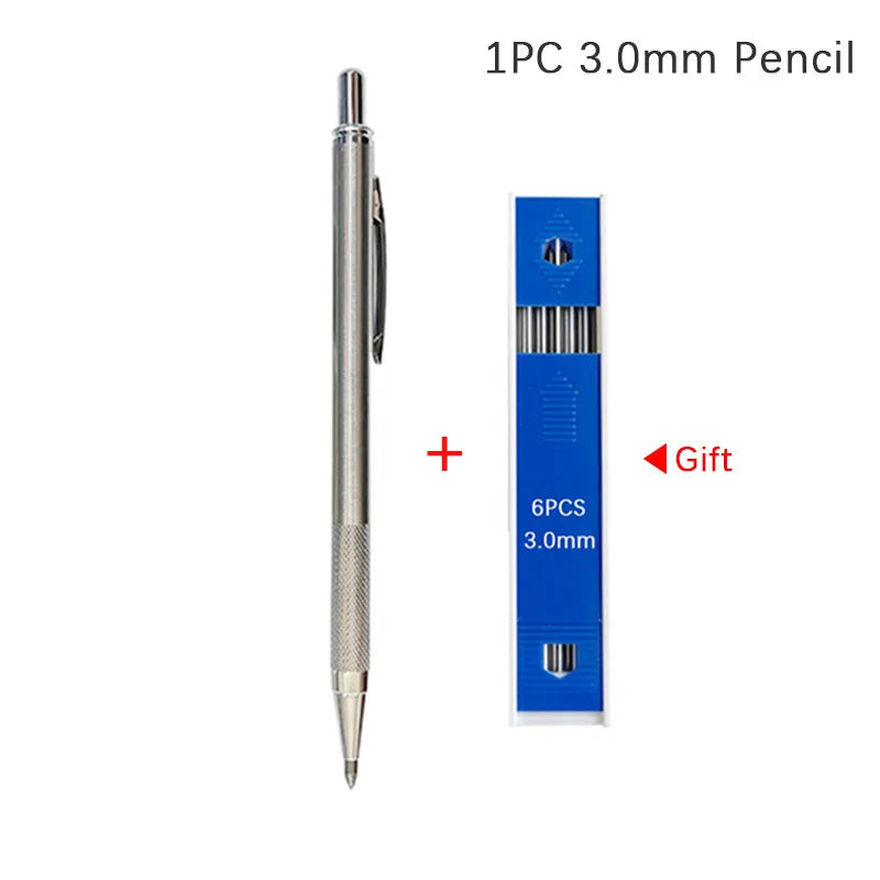 Mechanical Pencil, Full Metal, 0.3–3.0mm + Lead Refills, Built-In Sharpener