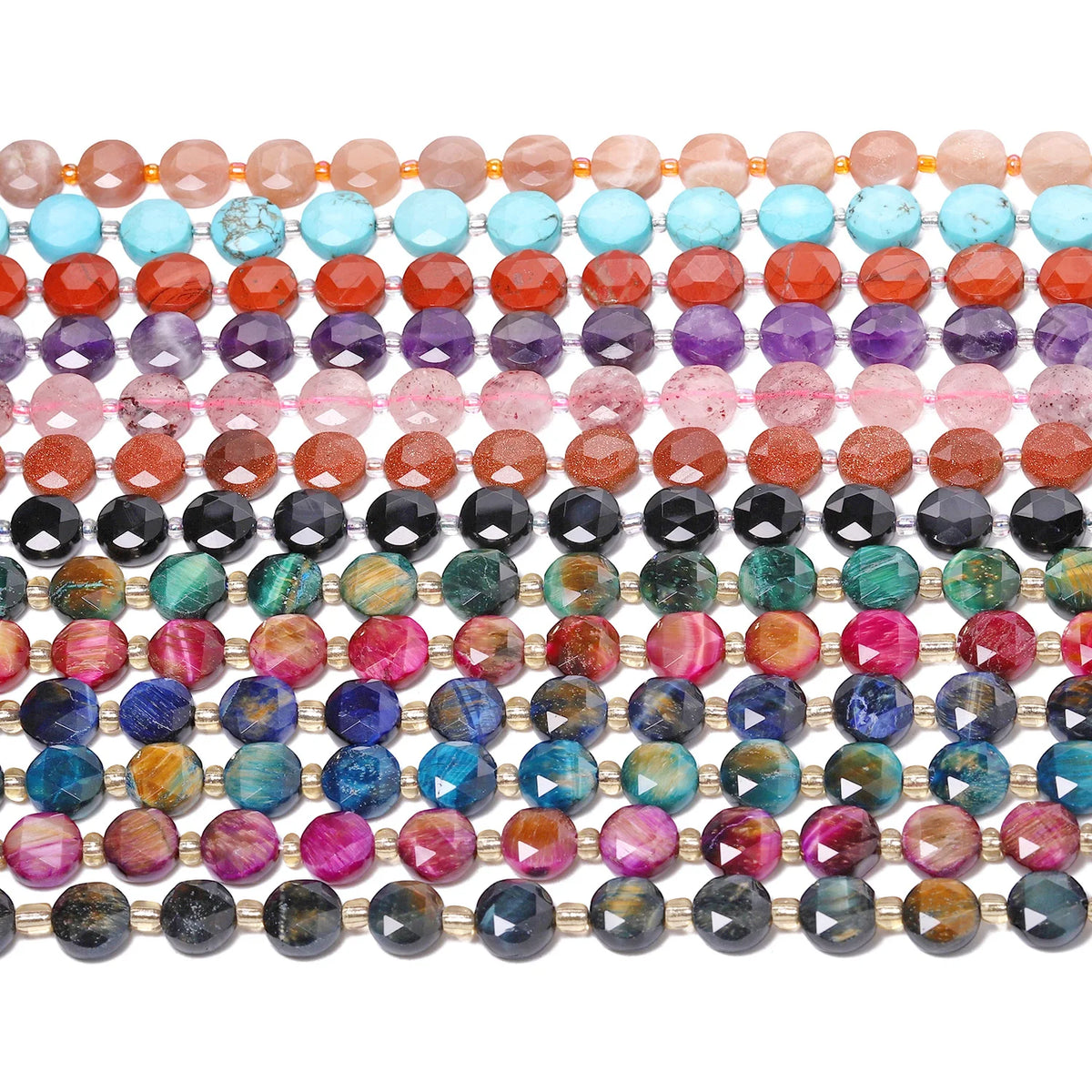 Stone Beads Faceted Coin Tiger Eye Amethyst Styles for DIY Jewelry Making